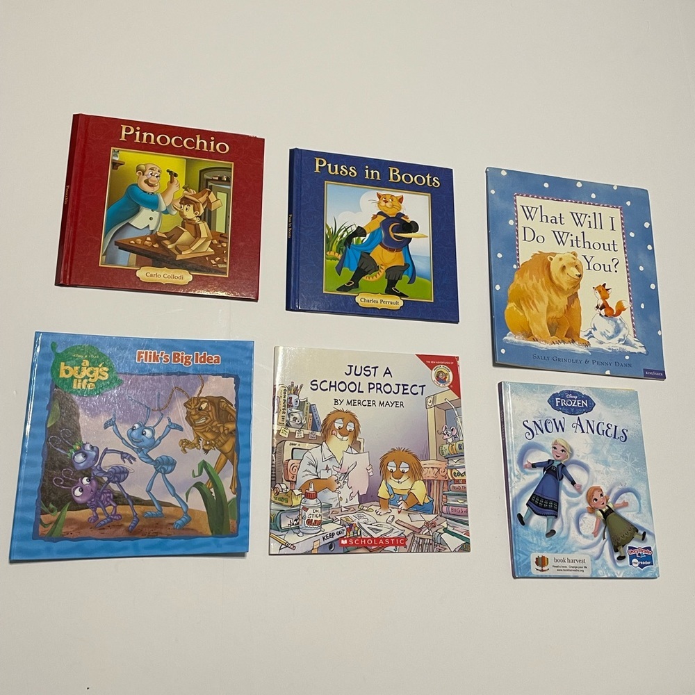 6 Children Story Books, Pinocchio/ Puss in Boots/ Bug’s life/ Frozen …..